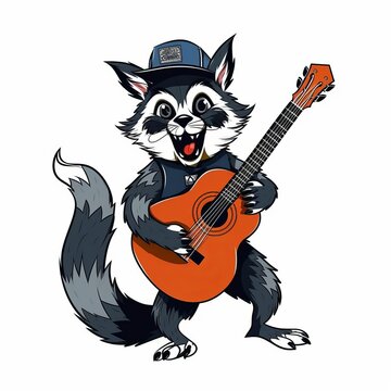  Cartoon Styled Raccoon Playing on Guitar, White Background, Generative AI