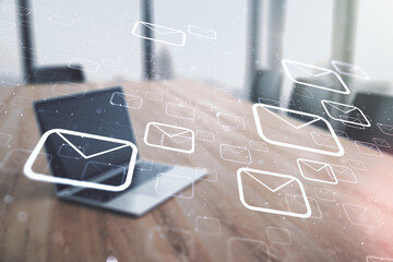 Creative abstract postal envelopes hologram on modern computer background, email and notification...