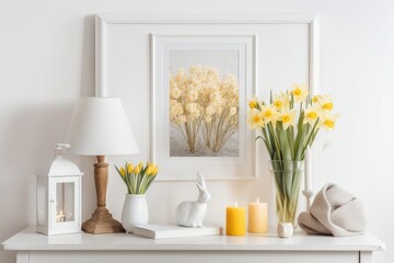Fototapeta na wymiar Easter themed interior of a home. Mockup with a light background and yellow daffodils in a vase in a white frame. Generative AI
