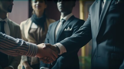 multi-ethnic group business partner handshake concept Colleagues shaking hands Successful deal after a great meeting. Blurred background. GENERATIVE AI