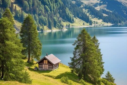swiss landscape with house, lake, mountains and pine trees, AI generative
