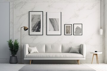 Template of a white wall with a natural stone accent and a blank photo frame. View of a contemporary room featuring a couch. Generative AI