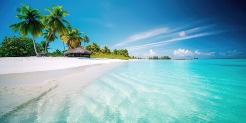 Tropical vacation. Desert island paradise in the Maldives. Sandy beach with palm trees and crystal blue water.