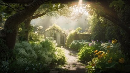 Magical secret garden with dreamy morning sun. Flowers, trees, and hidden enchanted garden.
