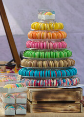 A pyramid of macaroons at the confectionery stand at the farmers street food market in Karlin, Prague.