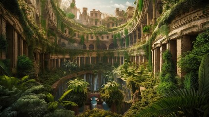 Ancient Hanging Gardens of Babylon. Plants and waterfalls in ancient temple.