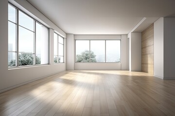 Interior Design of an Empty Room with a White Door, a Window Opposite, a Large Full Wall Window, and Light Parquet Flooring. 7680x5760 with Work Path on Windows. Generative AI