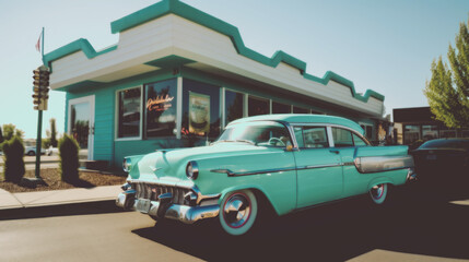 Bask in the sunshine at a classic 1950s American diner with pin-up style, featuring nostalgic neon signs, vintage d&eacute;cor, With Retro Cars . Generative AI