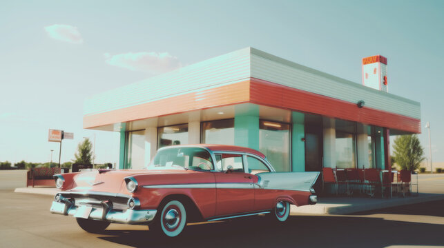 Bask in the sunshine at a classic 1950s American diner with pin-up style, featuring nostalgic neon signs, vintage d&eacute;cor, With Retro Cars . Generative AI