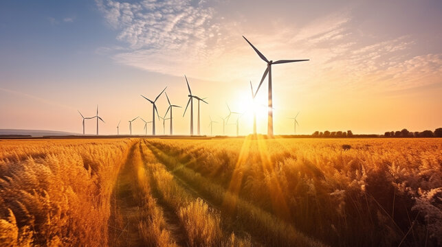 Landscape with Turbine Green Energy Electricity, Windmill for electric power production, Wind turbines generating electricity, Generative AI