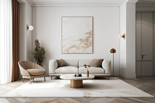White sofa and armchair in a contemporary living room with a brown marble floor, brown and white walls, with a vertical poster and a round coffee table nearby. a mockup. Generative AI