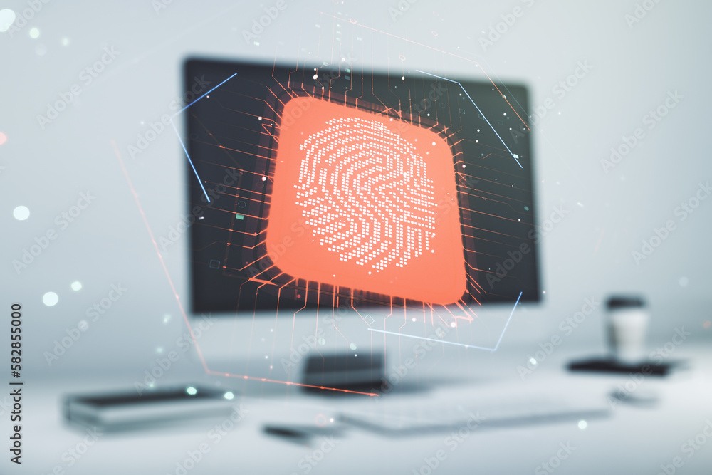 Aufkleber double exposure of abstract creative fingerprint hologram on computer background, protection of pers