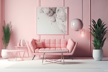 The room's decor is simple and light pink in tone, with furniture and other room accents. copy space on a light background. backdrops for presentations, websites, or picture frames. Generative AI