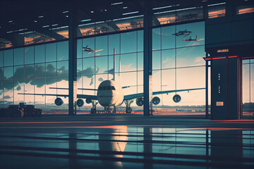 Empty airport terminal hall with an airplane taking off in the background. High quality illustration - obrazy, fototapety, plakaty