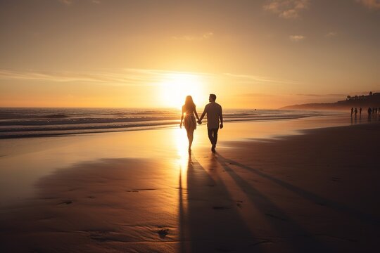 Loving couple walking at the beach holding hands at sunset. Generative AI