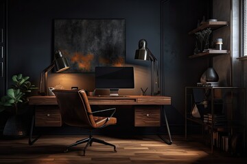 Modern, fashionable, dark home office workstation with a mock up of a PC computer on a wood table in front of a black wall, a vintage brown leather chair, and other home furnishings. Generative AI