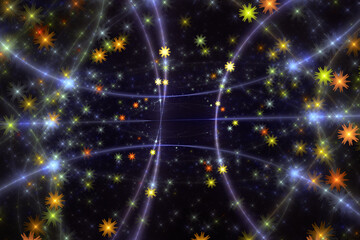 Obraz premium Multicolored glowing pattern with rays and small stars on a black background. Abstract fractal 3D rendering