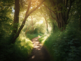 Naklejka premium peaceful forest pathway, sun rays illuminating nature, tranquil scenery, woodland exploration, generative AI