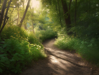 Fototapeta premium tranquil forest path, sunbeams and nature, peaceful woodland escape, harmonious outdoor scene, generative AI