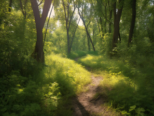 sun-dappled forest pathway, quiet nature sanctuary, serene woodland landscape, sunlight through leaves, generative AI