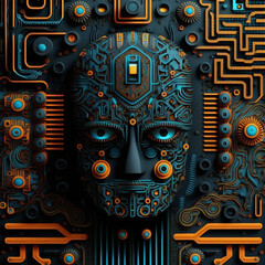 Face of cyber mind. Artificial intelligence in humanoid head with neural network things. Technology background concept. Generative Ai.  