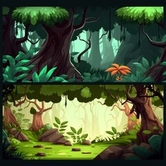 Naklejka premium 2d game platformer background set in cartoon style. Forest magic world. Generate Ai