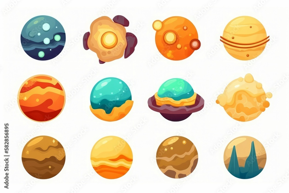 Poster planet game icon set in cartoon style isolated on white background. generate ai