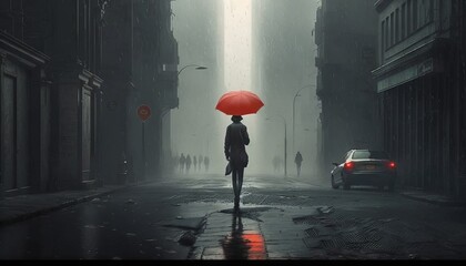 A single person holding a red umbrella walks alone in the rain in the dark city night. Generative AI. 