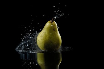 Fototapeta na wymiar Pear on black background. Fruit with water drops. Generate Ai