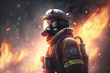 Firefighter searching for possible survives. Generative AI

