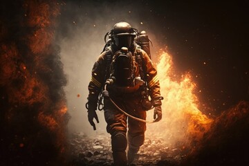 Naklejka premium Firefighter searching for possible survives. Generative AI