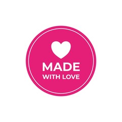 Made with Love sticker with pink background. Made with Love inscription lettering quote. Made with Love calligraphy. Made with Love card.