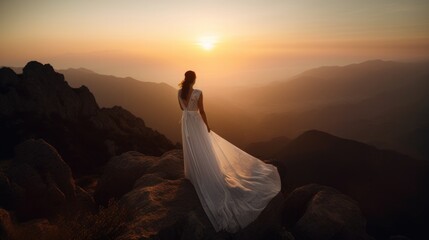 Fototapeta na wymiar woman bride at top of mountain, generative ai