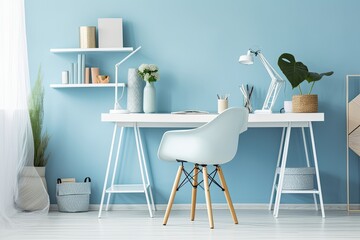 Office desk in a modern mockup on a background of a white table. Modern office with blue wall as backdrop. Generative AI