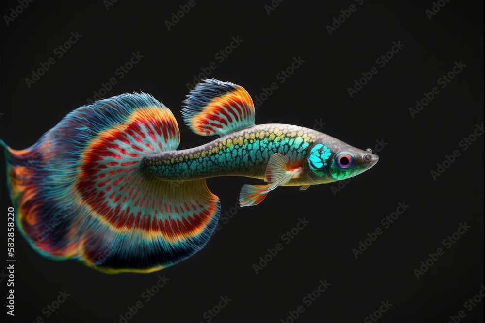 Wall mural exotic fish on black, isolated rainbow colorful copy space, generative ai - Wall murals