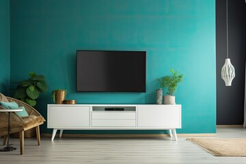 In a contemporary living area, a TV is mounted on a turquoise wall. Generative AI