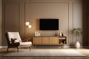 Decorative living room with brown wall background, television unit with poster style frame, chair carpet, and lamp design. Generative AI