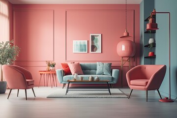 In a pink living room, there is a red, blue, and table. minimalist design idea style in pastel tones. Generative AI