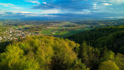 AERIAL Beautiful springtime view of rural town Stična and its historic monastery