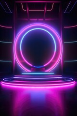 Neon lamp stage background. Glowing futuristic product display stand podium Against Background, neon geometric shape for product display presentation.