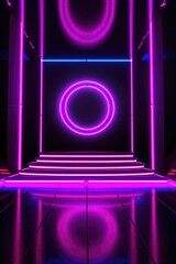 Fototapeta premium Neon lamp stage background. Glowing futuristic product display stand podium Against Background, neon geometric shape for product display presentation.