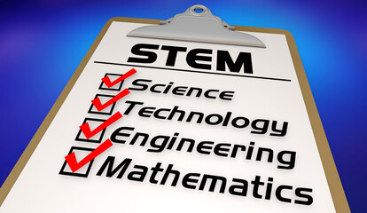 Naklejka premium STEM Science Technology Engineering Mathematics Checklist Course Education 3d Illustration