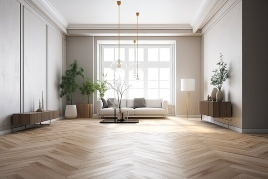 An empty room in a mockup has a parquet floor and white vinyl wall décor. example of a living room that is empty for interior design. Generative AI