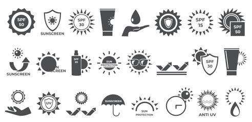 Sun protection glyph icons set. Sunscreen for body. Protection from sun and ultraviolet. Body cream