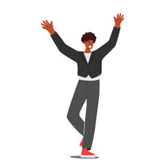 Happy African male Character Waving Hands. Young Positive Man Greeting Gesture, Express Cheerful Excited Emotion