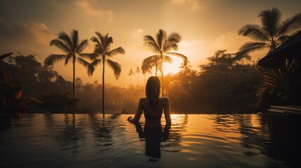 infinity pool, woman relaxing in Bali, generative ai