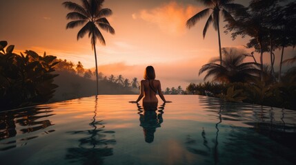 infinity pool, woman relaxing in Bali, generative ai
