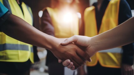 Teamwork in Action: Workers Group Shaking Hands, HANDSHAKE, GENERATIVE AI