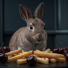rabbit next to french fries and cherries, Generative AI
