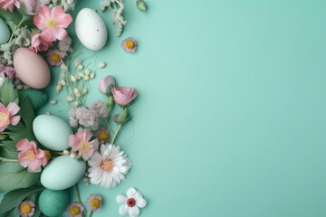 Fototapeta na wymiar Easter eggs and flowers with space on the right, Created with generative AI